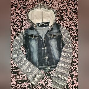 Wallflower Denim Jacket with Patterned Sleeves - Black and White